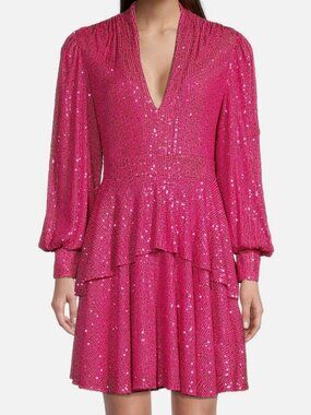 ONE33 Social Women's Pink Sequined Long-Sleeve Tiered Mini Dress Size 0